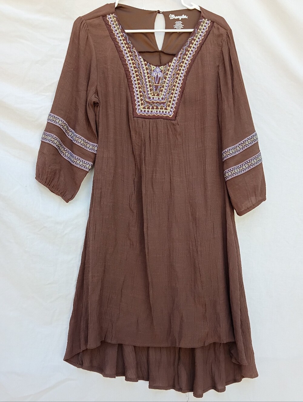 Wrangler Brown Embroidered & Beaded V-Neck Boho Long Sleeve Dress Size Large